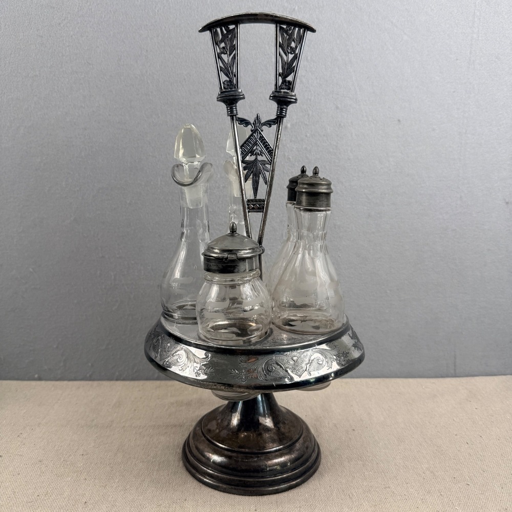 Meriden B. Company Silver Plate Rotating Cruet Set Etched Glass Antique